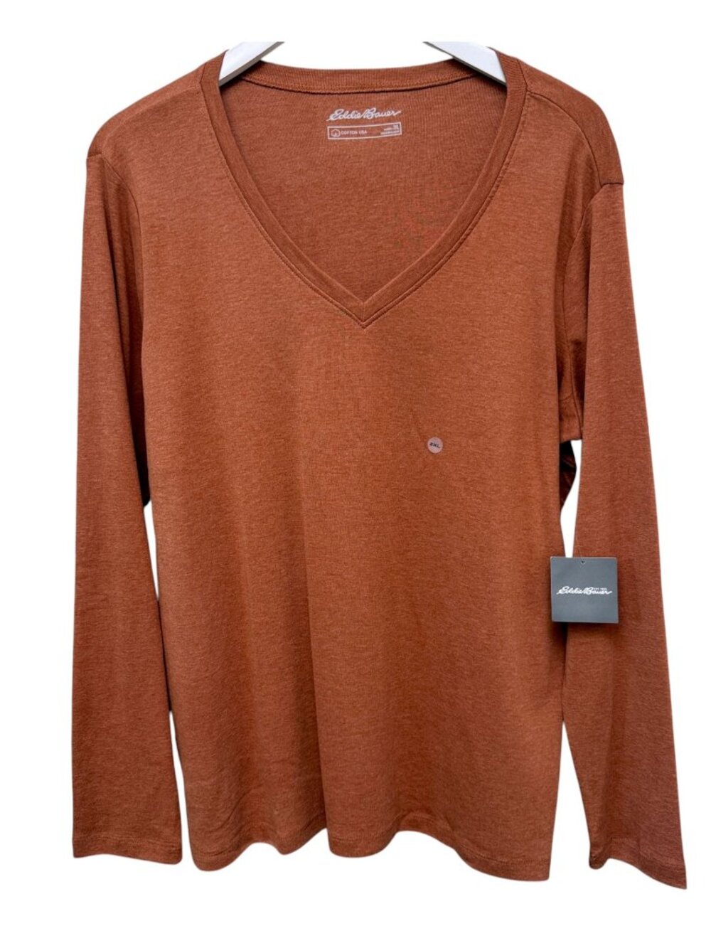 Eddie Bauer Womens Tee 2XL XXL Rust Brown V Neck T Shirt Long Sleeve Cotton NWT